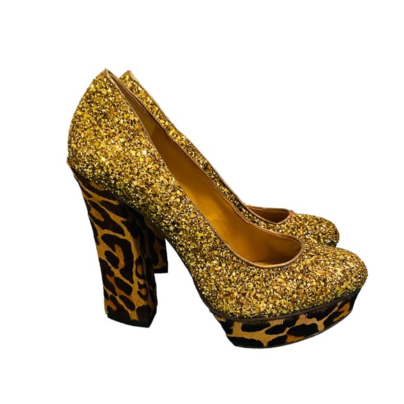 Nine West Gold Glitter Leopard Platform Drag Pumps - Picture 3 of 12